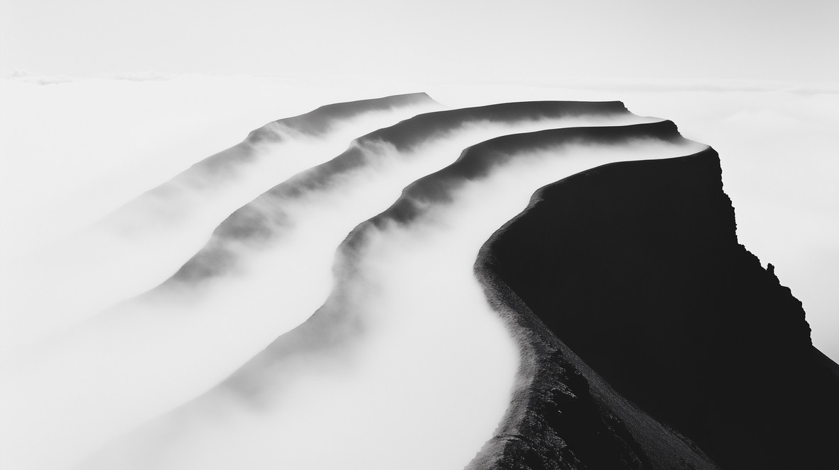 Vast mountain ridges shrouded in fog, symbolizing a great economic shift.