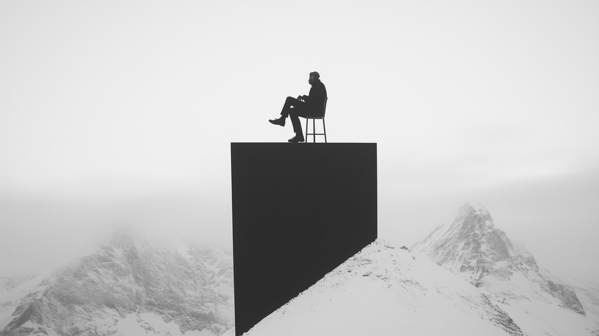A lone figure contemplates a vast mountain range from a monolith, symbolizing foresight and vision.